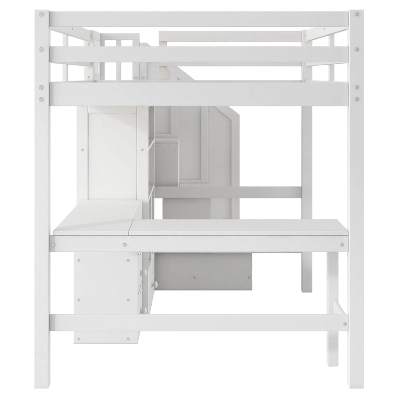 Cama alta de madera con escritorio en forma de L y 4 cajones, estructura de cama de tamaño matrimonial para niños con armario y escalera de almacenamiento para dormitorio