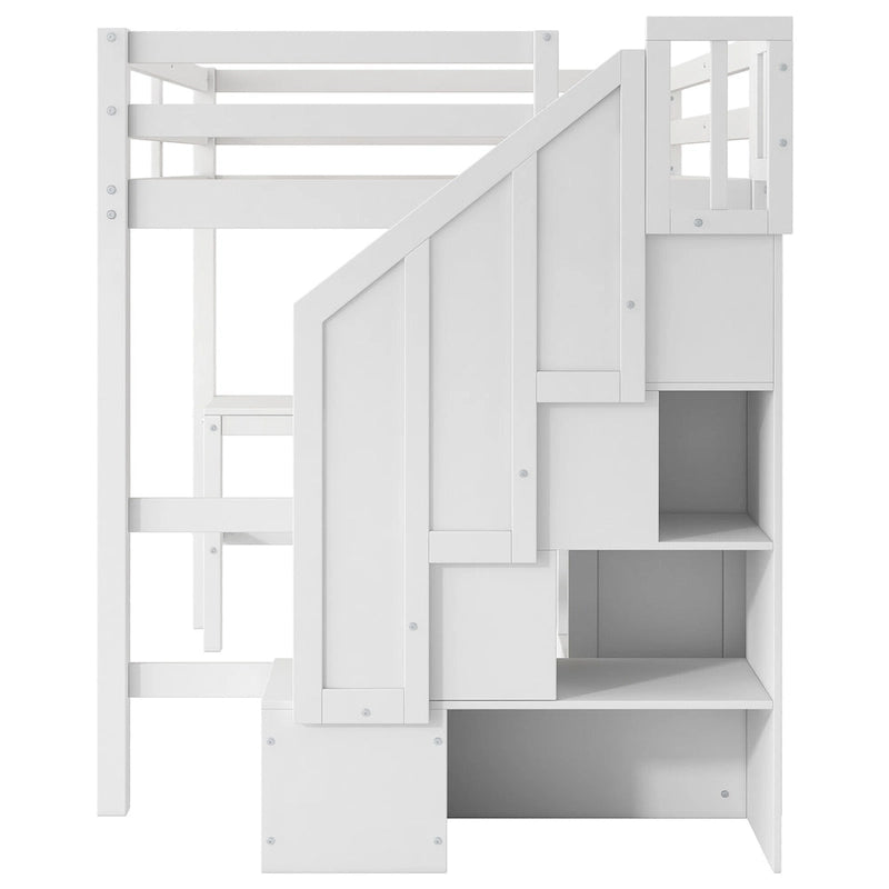 Cama alta de madera con escritorio en forma de L y 4 cajones, estructura de cama de tamaño matrimonial para niños con armario y escalera de almacenamiento para dormitorio