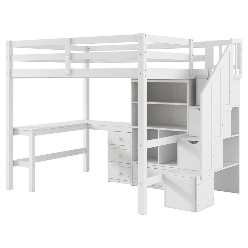 Cama alta de madera con escritorio en forma de L y 4 cajones, estructura de cama de tamaño matrimonial para niños con armario y escalera de almacenamiento para dormitorio