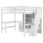 Cama alta de madera con escritorio en forma de L y 4 cajones, estructura de cama de tamaño matrimonial para niños con armario y escalera de almacenamiento para dormitorio