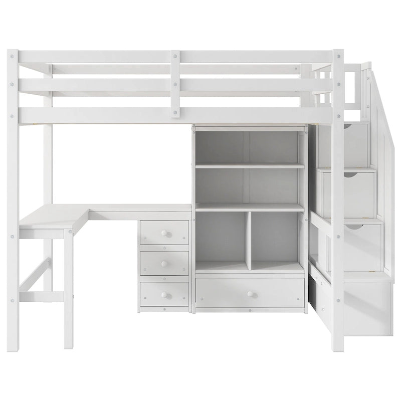 Cama alta de madera con escritorio en forma de L y 4 cajones, estructura de cama de tamaño matrimonial para niños con armario y escalera de almacenamiento para dormitorio