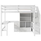 Cama alta de madera con escritorio en forma de L y 4 cajones, estructura de cama de tamaño matrimonial para niños con armario y escalera de almacenamiento para dormitorio