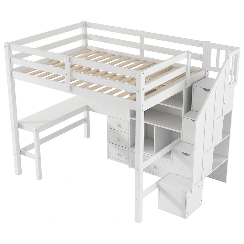 Cama alta de madera con escritorio en forma de L y 4 cajones, estructura de cama de tamaño matrimonial para niños con armario y escalera de almacenamiento para dormitorio