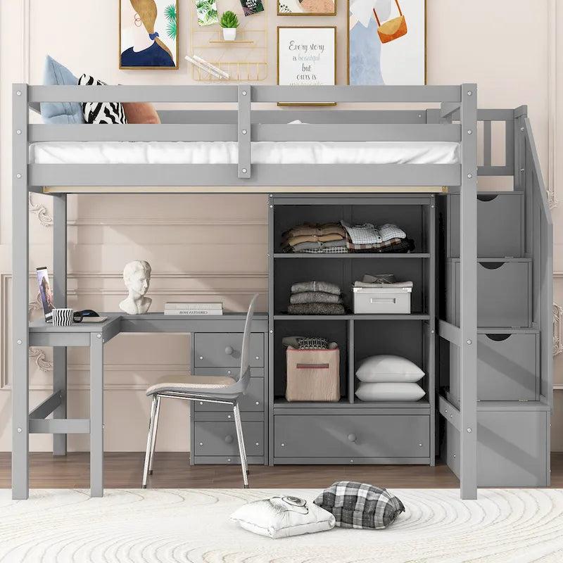 Cama alta de madera con escritorio en forma de L y 4 cajones, estructura de cama de tamaño matrimonial para niños con armario y escalera de almacenamiento para dormitorio