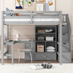 Cama alta de madera con escritorio en forma de L y 4 cajones, estructura de cama de tamaño matrimonial para niños con armario y escalera de almacenamiento para dormitorio