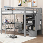 Cama alta de madera con escritorio en forma de L y 4 cajones, estructura de cama de tamaño matrimonial para niños con armario y escalera de almacenamiento para dormitorio