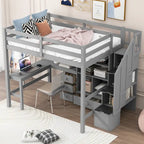 Cama alta de madera con escritorio en forma de L y 4 cajones, estructura de cama de tamaño matrimonial para niños con armario y escalera de almacenamiento para dormitorio