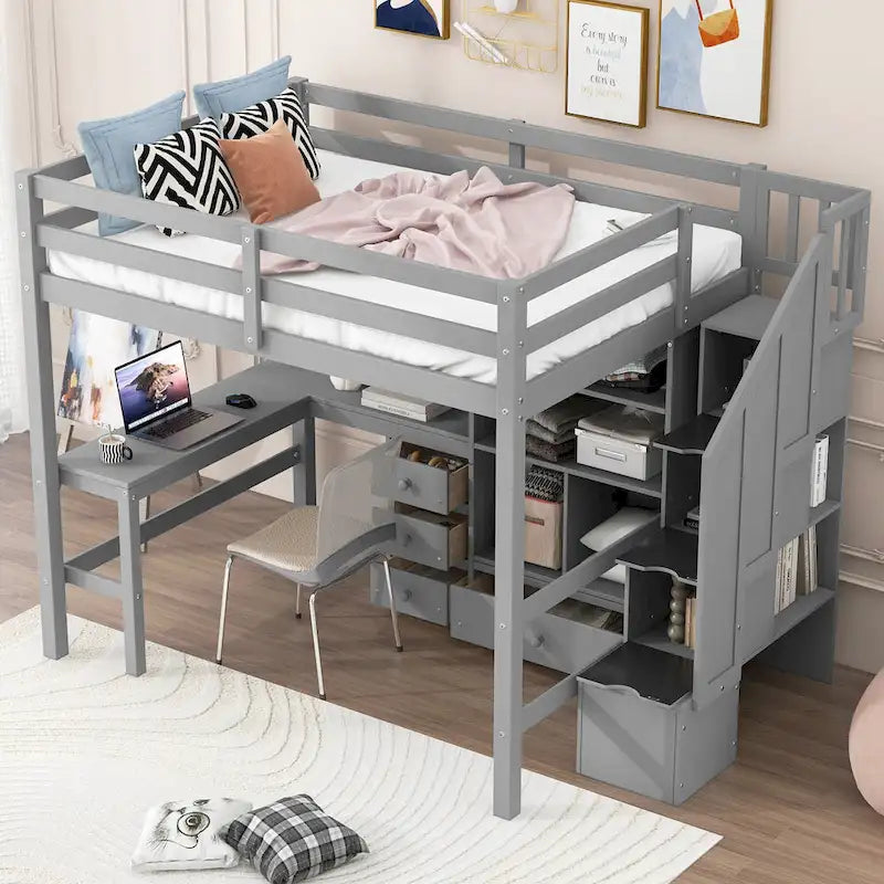 Cama alta de madera con escritorio en forma de L y 4 cajones, estructura de cama de tamaño matrimonial para niños con armario y escalera de almacenamiento para dormitorio