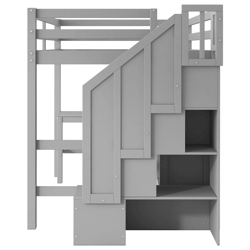 Cama alta de madera con escritorio en forma de L y 4 cajones, estructura de cama de tamaño matrimonial para niños con armario y escalera de almacenamiento para dormitorio