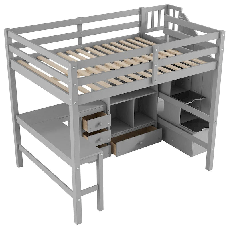 Cama alta de madera con escritorio en forma de L y 4 cajones, estructura de cama de tamaño matrimonial para niños con armario y escalera de almacenamiento para dormitorio