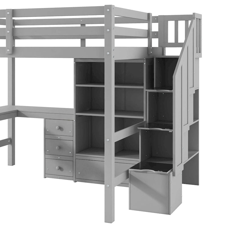 Cama alta de madera con escritorio en forma de L y 4 cajones, estructura de cama de tamaño matrimonial para niños con armario y escalera de almacenamiento para dormitorio