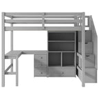 Cama alta de madera con escritorio en forma de L y 4 cajones, estructura de cama de tamaño matrimonial para niños con armario y escalera de almacenamiento para dormitorio