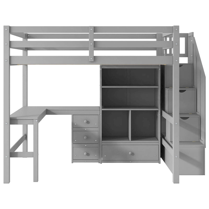 Cama alta de madera con escritorio en forma de L y 4 cajones, estructura de cama de tamaño matrimonial para niños con armario y escalera de almacenamiento para dormitorio