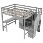Cama alta de madera con escritorio en forma de L y 4 cajones, estructura de cama de tamaño matrimonial para niños con armario y escalera de almacenamiento para dormitorio