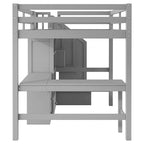 Cama alta de madera con escritorio en forma de L y 4 cajones, estructura de cama de tamaño matrimonial para niños con armario y escalera de almacenamiento para dormitorio