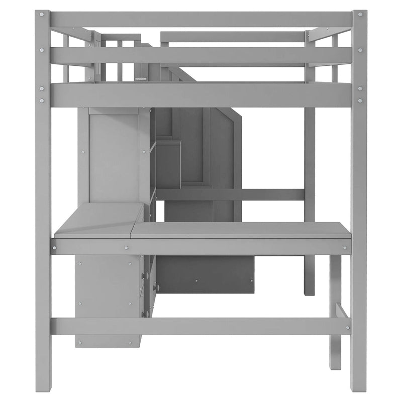 Cama alta de madera con escritorio en forma de L y 4 cajones, estructura de cama de tamaño matrimonial para niños con armario y escalera de almacenamiento para dormitorio