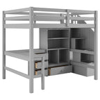 Cama alta de madera con escritorio en forma de L y 4 cajones, estructura de cama de tamaño matrimonial para niños con armario y escalera de almacenamiento para dormitorio