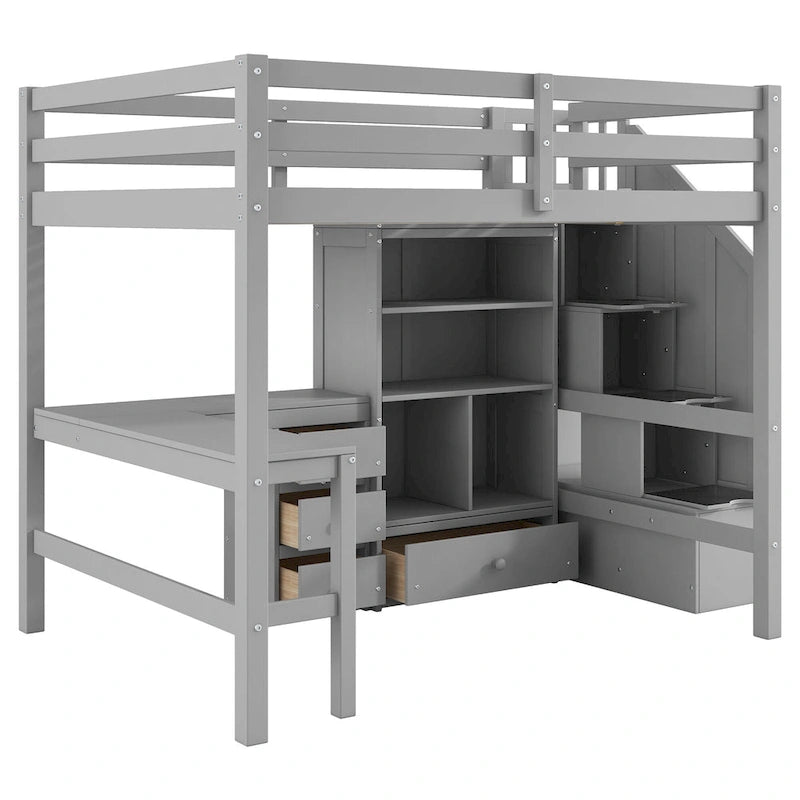 Cama alta de madera con escritorio en forma de L y 4 cajones, estructura de cama de tamaño matrimonial para niños con armario y escalera de almacenamiento para dormitorio