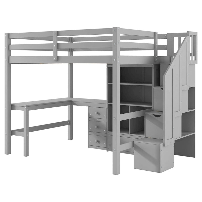 Cama alta de madera con escritorio en forma de L y 4 cajones, estructura de cama de tamaño matrimonial para niños con armario y escalera de almacenamiento para dormitorio