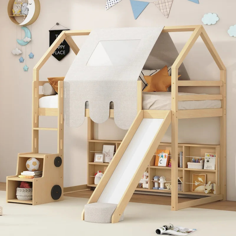 Cama alta doble con tienda de juegos y diseño de casa, capacidad para 113 kg, tobogán y escalera