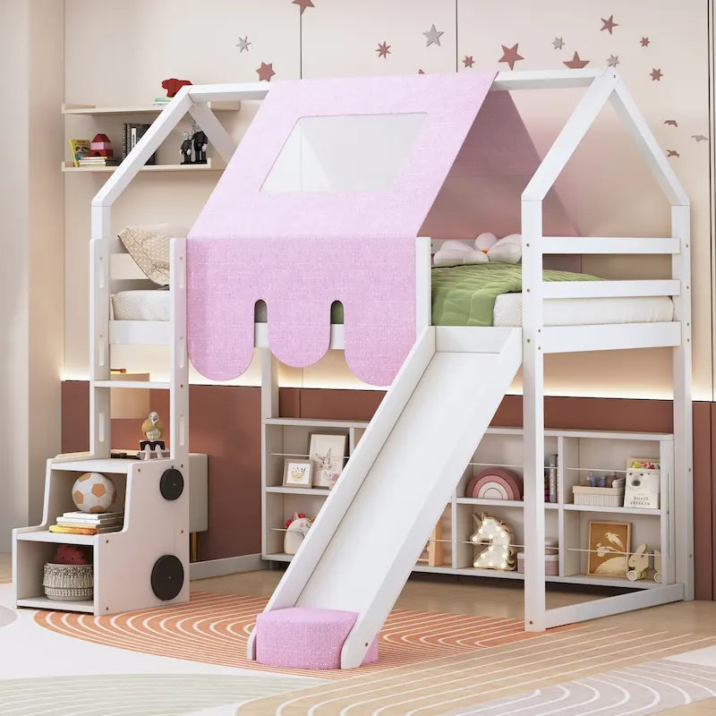 Cama alta doble con tienda de juegos y diseño de casa, capacidad para 113 kg, tobogán y escalera