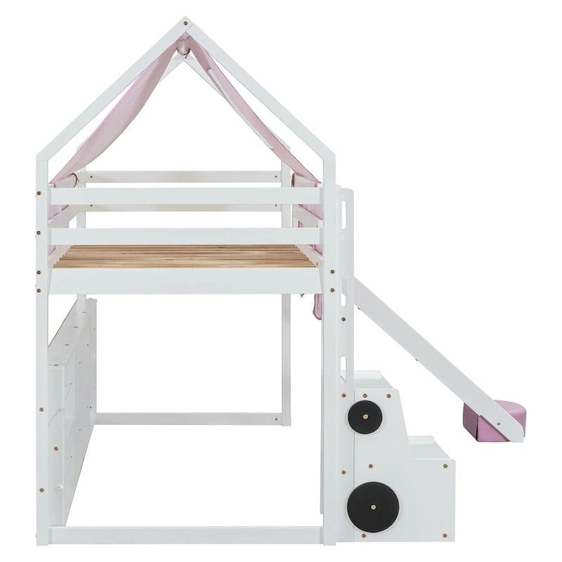 Cama alta doble con tienda de juegos y diseño de casa, capacidad para 113 kg, tobogán y escalera