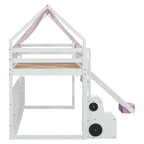 Cama alta doble con tienda de juegos y diseño de casa, capacidad para 113 kg, tobogán y escalera