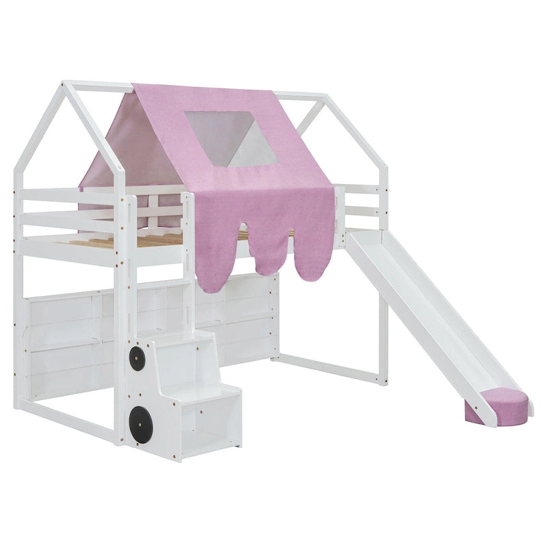 Cama alta doble con tienda de juegos y diseño de casa, capacidad para 113 kg, tobogán y escalera