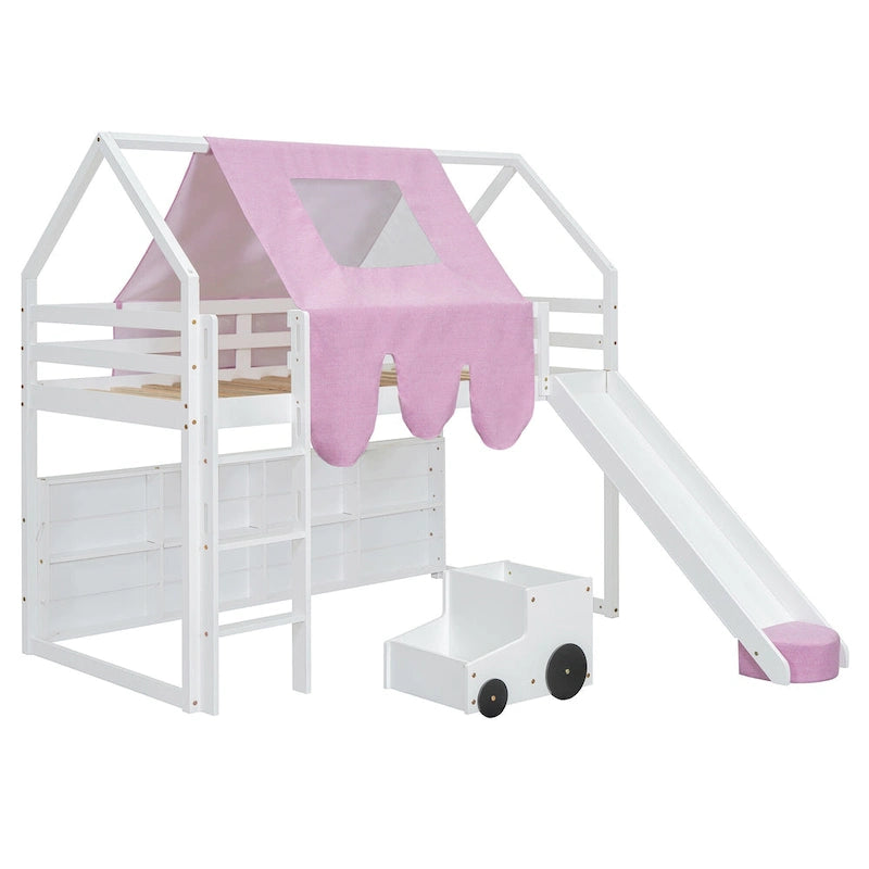 Cama alta doble con tienda de juegos y diseño de casa, capacidad para 113 kg, tobogán y escalera