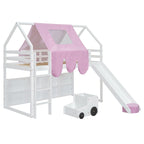 Cama alta doble con tienda de juegos y diseño de casa, capacidad para 113 kg, tobogán y escalera