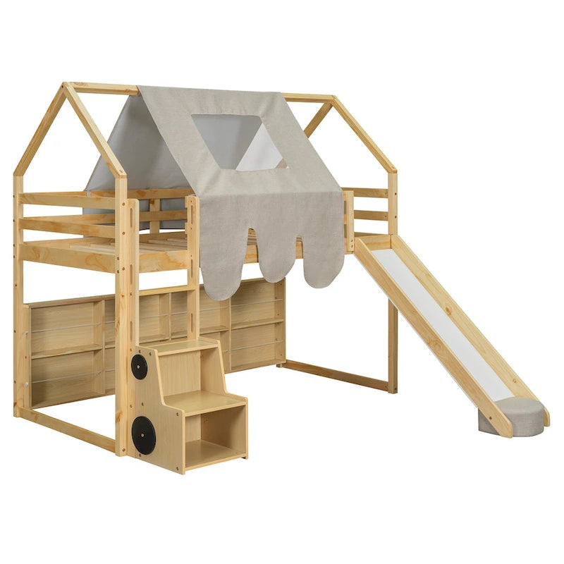 Cama alta doble con tienda de juegos y diseño de casa, capacidad para 113 kg, tobogán y escalera
