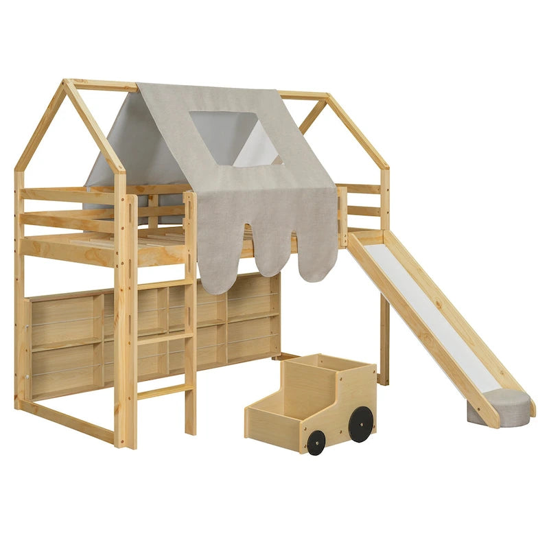 Cama alta doble con tienda de juegos y diseño de casa, capacidad para 113 kg, tobogán y escalera