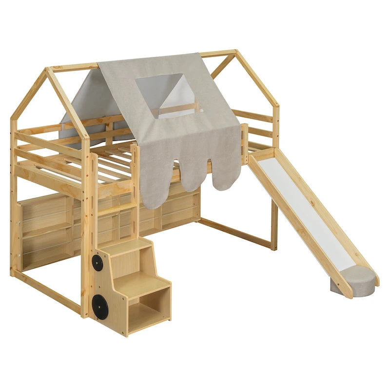 Cama alta doble con tienda de juegos y diseño de casa, capacidad para 113 kg, tobogán y escalera