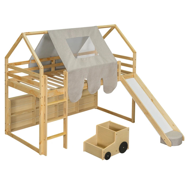 Cama alta doble con tienda de juegos y diseño de casa, capacidad para 113 kg, tobogán y escalera
