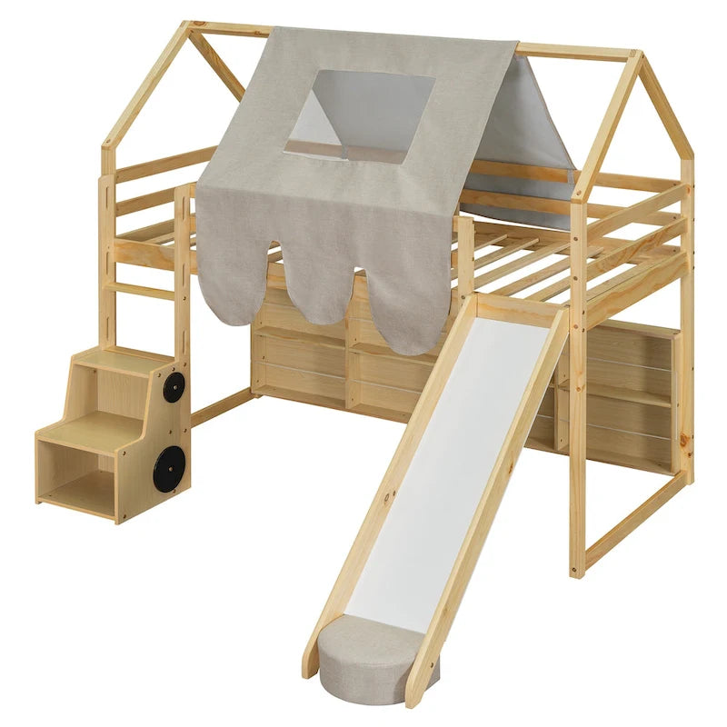 Cama alta doble con tienda de juegos y diseño de casa, capacidad para 113 kg, tobogán y escalera