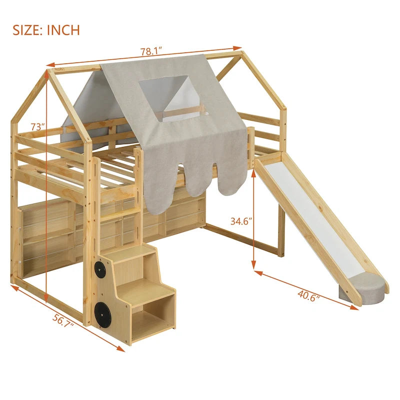 Cama alta doble con tienda de juegos y diseño de casa, capacidad para 113 kg, tobogán y escalera