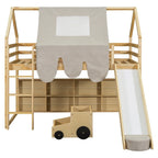 Cama alta doble con tienda de juegos y diseño de casa, capacidad para 113 kg, tobogán y escalera
