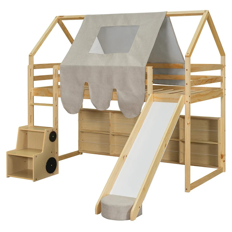 Cama alta doble con tienda de juegos y diseño de casa, capacidad para 113 kg, tobogán y escalera