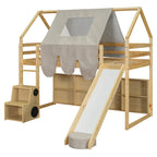 Cama alta doble con tienda de juegos y diseño de casa, capacidad para 113 kg, tobogán y escalera