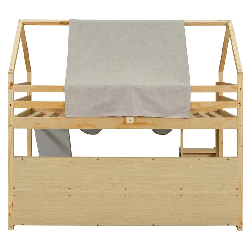Cama alta doble con tienda de juegos y diseño de casa, capacidad para 113 kg, tobogán y escalera