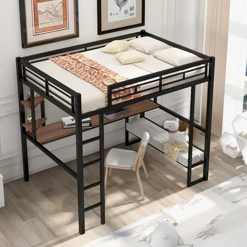 Cama alta metálica de tamaño completo con escritorio largo y estantes