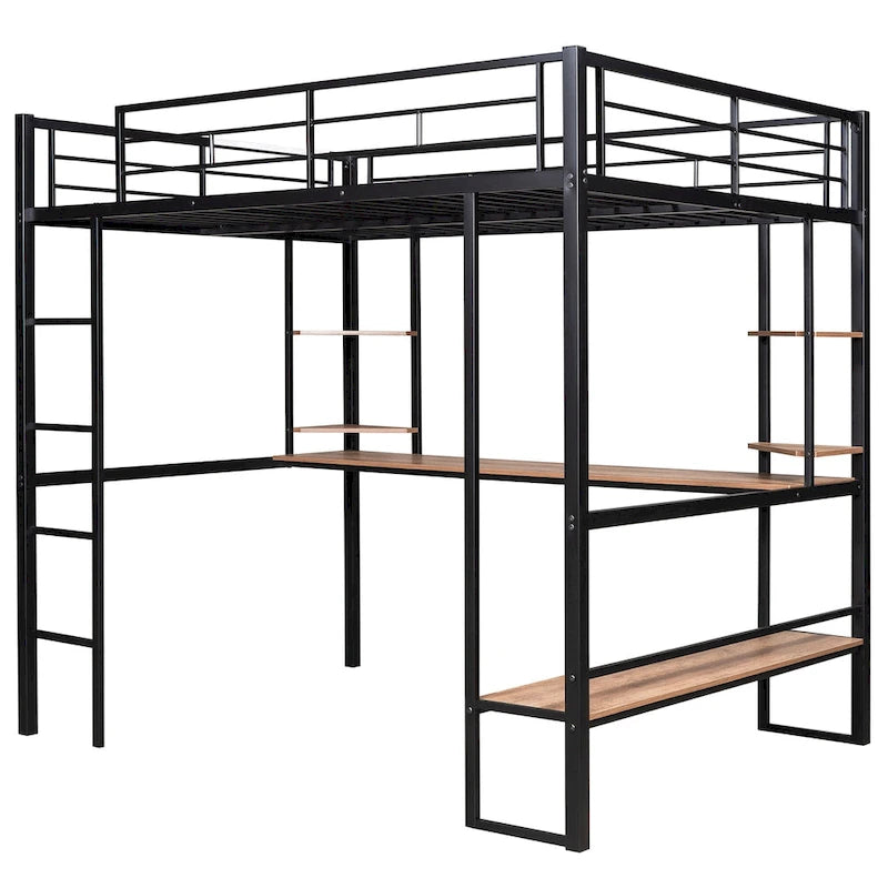 Cama alta metálica de tamaño completo con escritorio largo y estantes