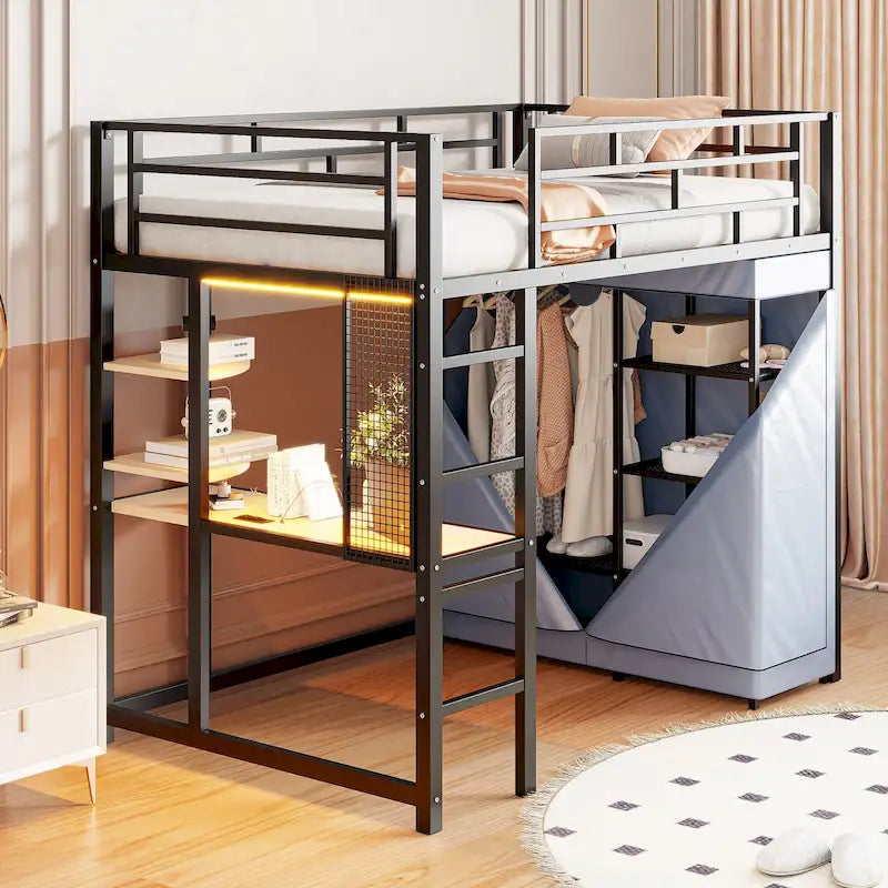 Cama alta doble de metal con escritorio, armario y tomacorriente incorporados - Capacidad de 350 lb