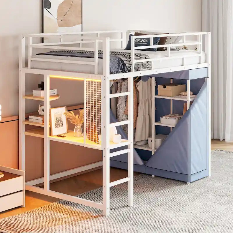 Cama alta doble de metal con escritorio, armario y tomacorriente incorporados - Capacidad de 350 lb