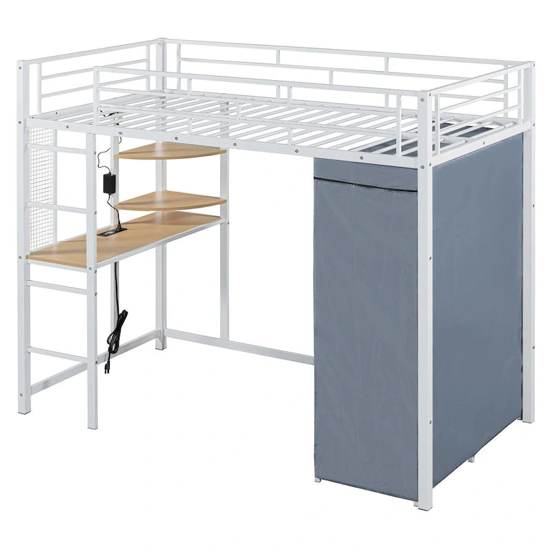 Cama alta doble de metal con escritorio, armario y tomacorriente incorporados - Capacidad de 350 lb