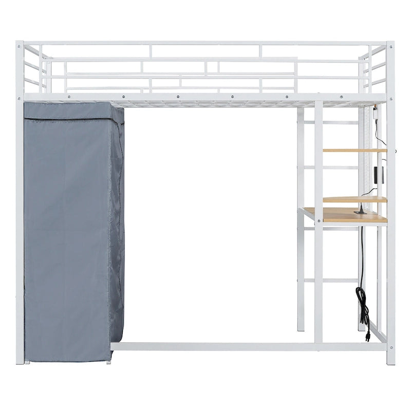 Cama alta doble de metal con escritorio, armario y tomacorriente incorporados - Capacidad de 350 lb