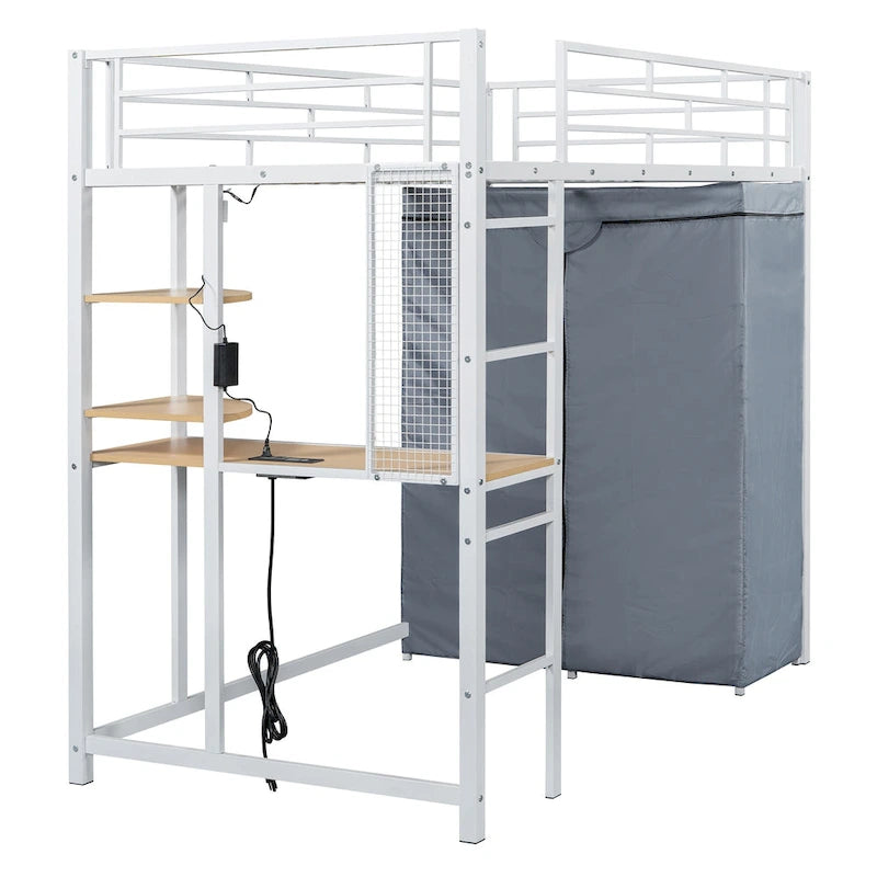 Cama alta doble de metal con escritorio, armario y tomacorriente incorporados - Capacidad de 350 lb