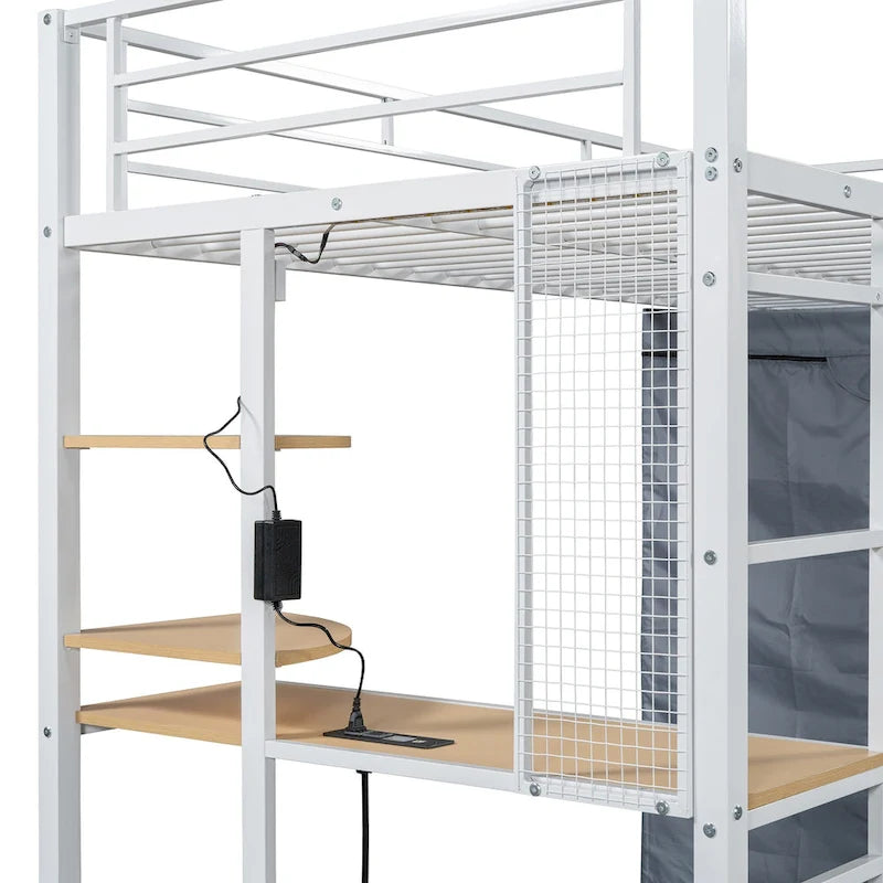 Cama alta doble de metal con escritorio, armario y tomacorriente incorporados - Capacidad de 350 lb