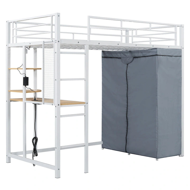 Cama alta doble de metal con escritorio, armario y tomacorriente incorporados - Capacidad de 350 lb