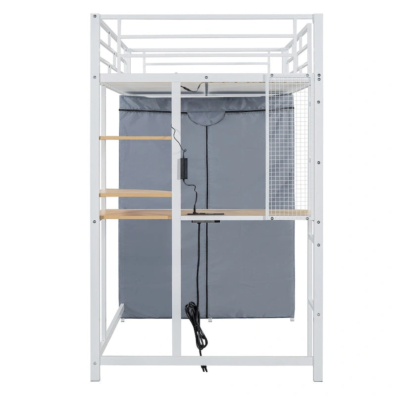 Cama alta doble de metal con escritorio, armario y tomacorriente incorporados - Capacidad de 350 lb